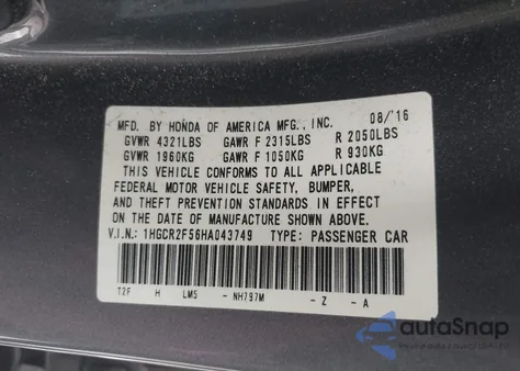 2017 Honda Accord Sport from USA, damaged, VIN 1HGCR2F56HA043749